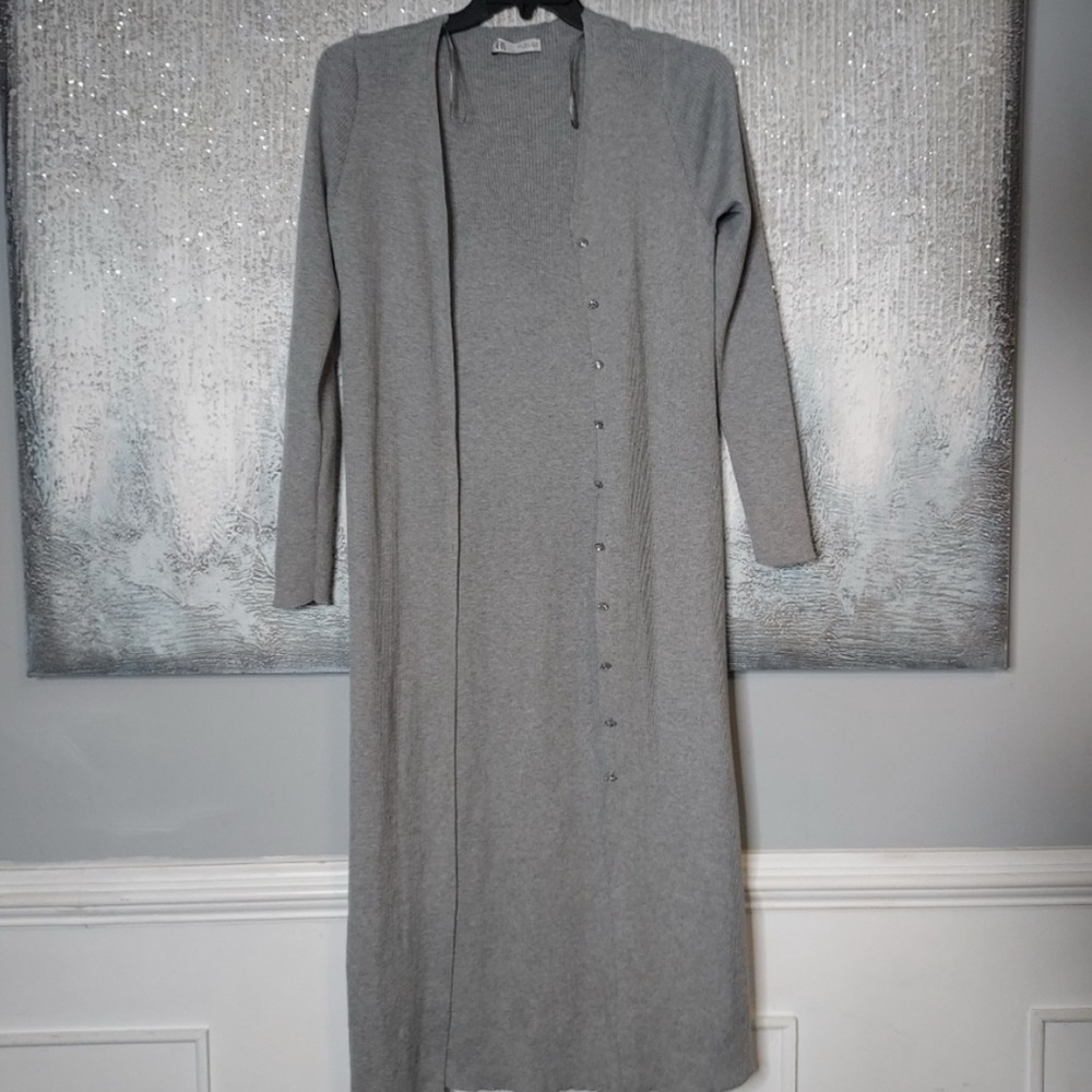 Zara Long Knit Duster Jacket With Jewel Buttons